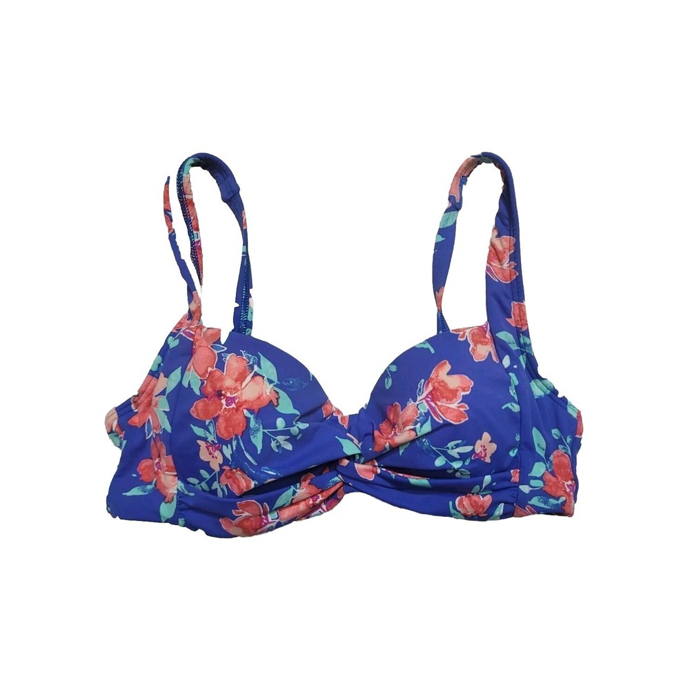 Lands End 2 Bikini Top Swim Stretch Twist Underwire Blue Floral